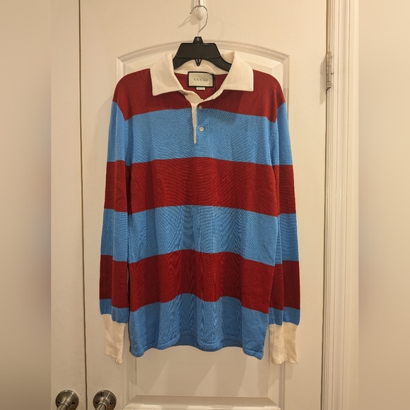 20. NWT GUCCI BLUE STRIPED POLO WITH THANATOS EMBROIDERY - Picture 6 of 11